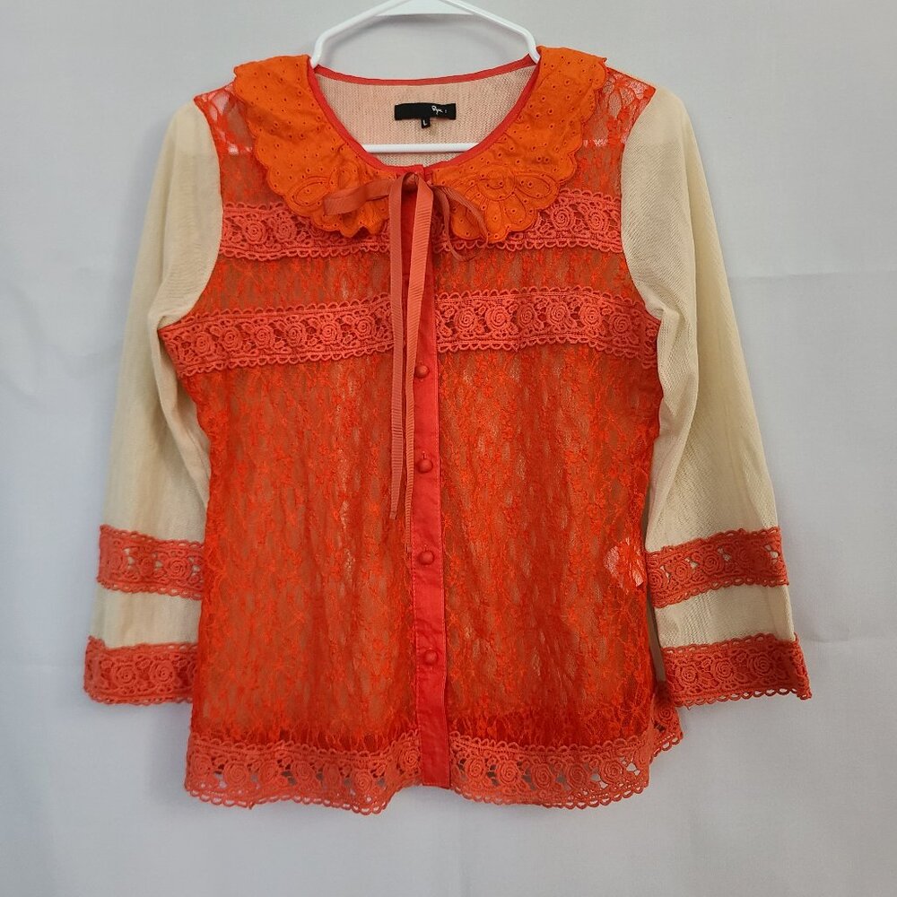 Ryu Orange Lace Overlay Blouse with Cream Sleeves